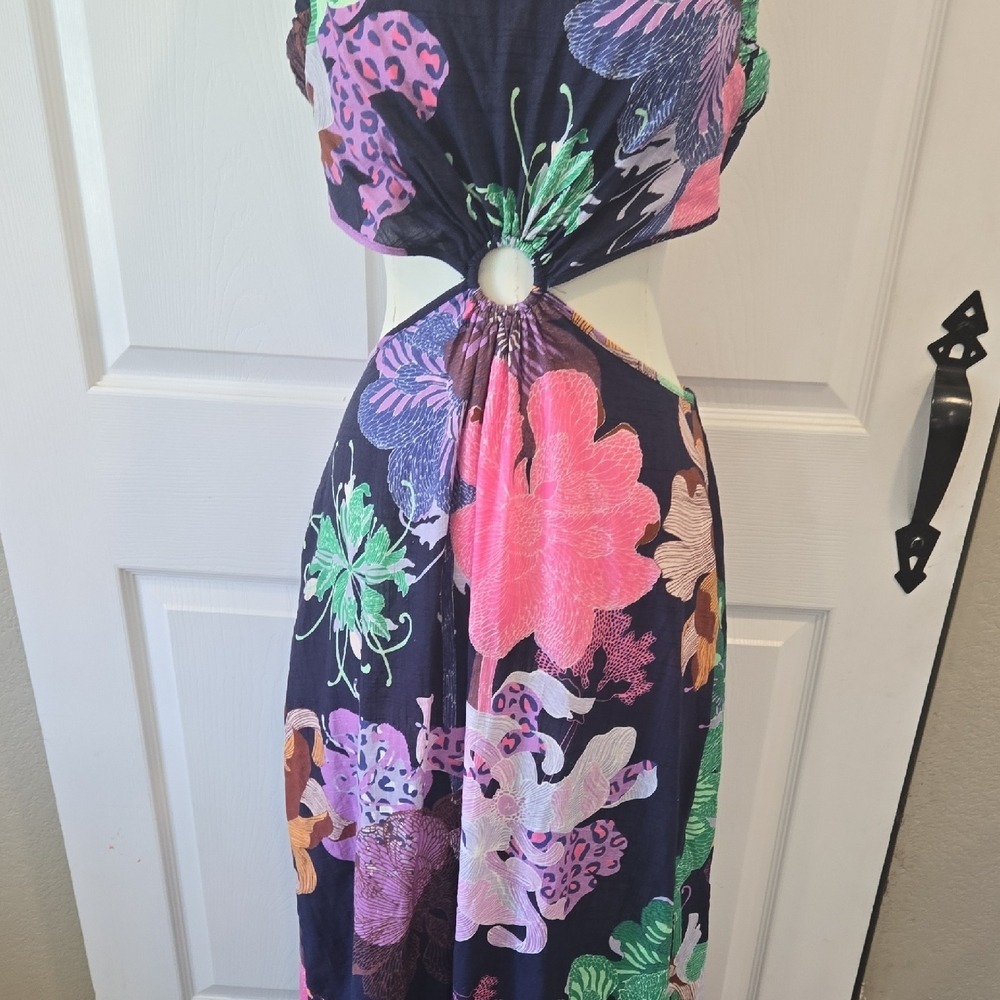 Maeve by Anthropologie Floral Leopard O-Ring Cut-Out Maxi Dress Navy Large - Picture 4 of 8